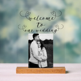 Modern Hearts Zwart Wit Minimal Wedding Welkom Acryl Bord