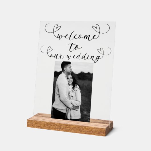 Modern Hearts Zwart Wit Minimal Wedding Welkom Acryl Bord (Hoek)