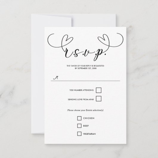 Modern Hearts Zwart & Wit Minimale bruiloft RSVP (Voorkant)