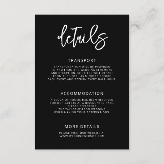 Modern Hedendaags Script Zwart Trouwdetails Informatiekaartje (Voorkant)