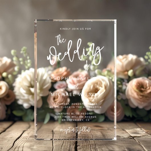 Modern Hedendaags Script Zwart Wit Bruiloft Acryl Uitnodigingen