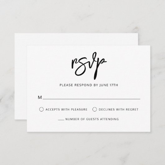 Modern Hedendaags Script Zwart Wit Bruiloft RSVP Kaartje (Voorkant / Achterkant)