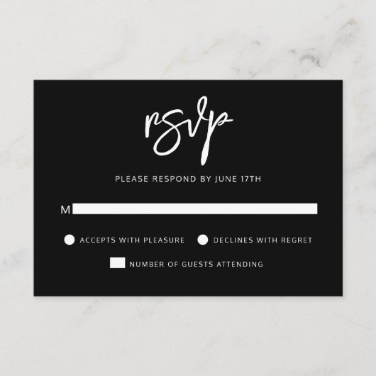 Modern Hedendaags Script Zwart Wit Bruiloft RSVP Kaartje (Voorkant)