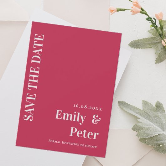 Modern hedendaagse magenta minimalistisch huwelijk save the date