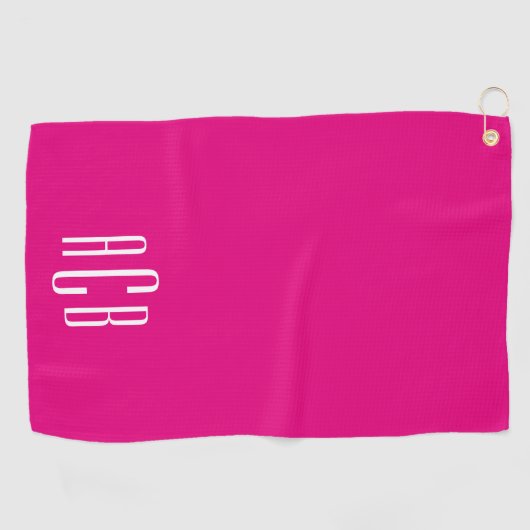 Modern Heet Roze en Wit Drie Lettermonogram Golfhanddoek (Horizontaal)