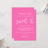 Modern Heet Roze Lief 16 Verjaardagsfeestje Dank u Kaart (Voorkant / Achterkant in situ)