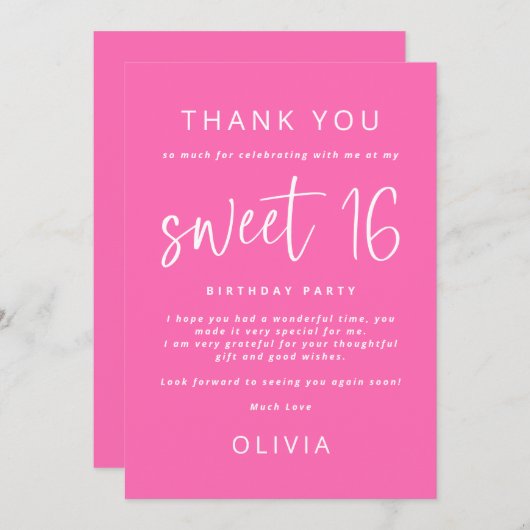 Modern Heet Roze Lief 16 Verjaardagsfeestje Dank u Kaart (Voorkant / Achterkant)