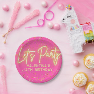 Modern Heet Roze Neon Gloeiend Laten we Feest Verj Papieren Bordje