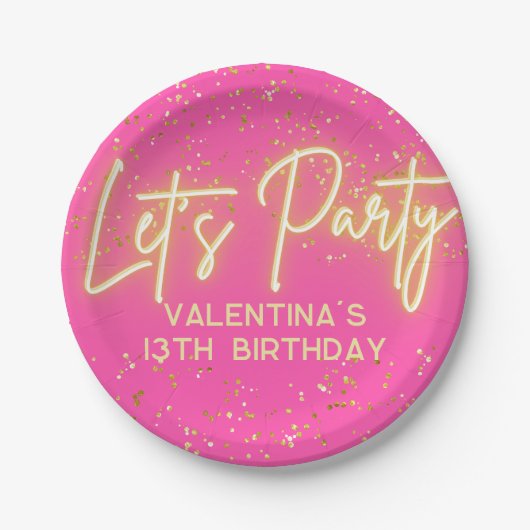 Modern Heet Roze Neon Gloeiend Laten we Feest Verj Papieren Bordje (Voorkant)