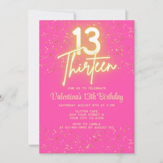 Modern Heet Roze Neon Glow Goud Glitter 13 Verjaar Kaart (Voorkant)