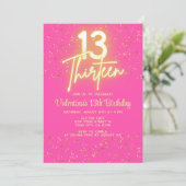 Modern Heet Roze Neon Glow Goud Glitter 13 Verjaar Kaart (Staand voorkant)