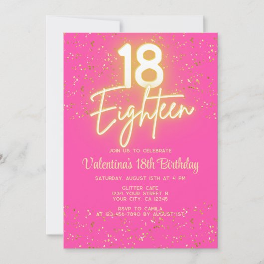 Modern Heet Roze Neon Glow Goud Glitter 18 Verjaar Kaart (Voorkant)