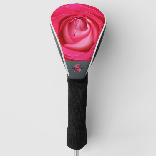 Modern heet roze roos met naam golfheadcover (Voorkant)