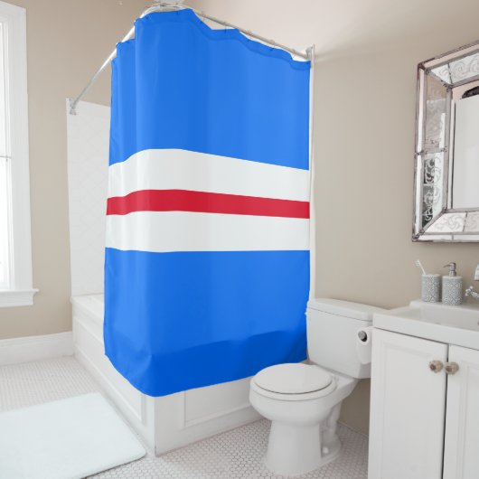 Modern Helder Blauw Rood Wit Centrum Racing Stripe Douchegordijn (In situ)