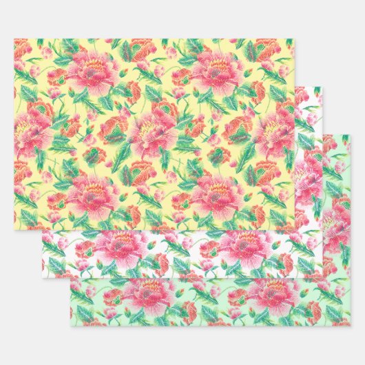 Modern Helder Meisje Roze Bloemen Patroon Inpakpapier Vel (Set)
