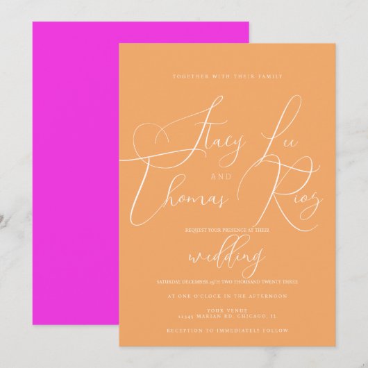 Modern Helder Mooi Script Oranje Roze Trouwen Kaart (Voorkant / Achterkant)