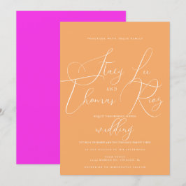 Modern Helder  Mooi Script Oranje Roze Trouwen Kaart