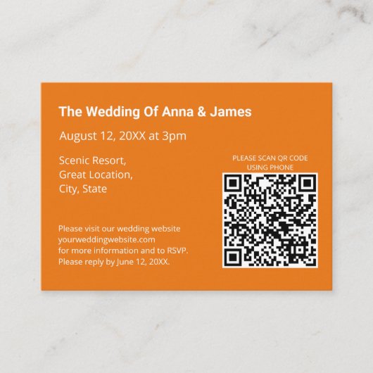 Modern Helder Oranje Bruiloft QR Code Informatiekaartje (Voorkant)