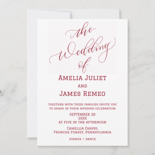 Modern Helder Rood en Wit Eenvoudige Bruiloft Kaart (Voorkant)