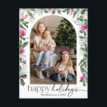 Modern Helder Roze Botanische Boog 1 Foto Vakantie Briefkaart<br><div class="desc">Dit collectie is voorzien van waterverf felroze bloemblaadjes,  bessen en wintergroen met een moderne en elegante typografie.</div>