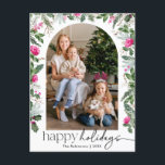 Modern Helder Roze Botanische Boog 1 Foto Vakantie Briefkaart<br><div class="desc">Dit collectie is voorzien van waterverf felroze bloemblaadjes,  bessen en wintergroen met een moderne en elegante typografie.</div>