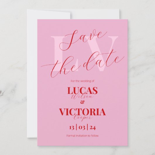 Modern Helder Roze en Rode Bruiloft sparen de datu Kaart (Voorkant)