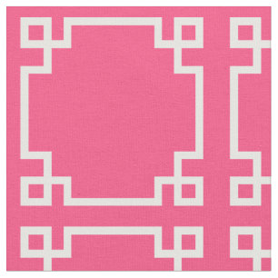 Modern helder roze en wit Grieks sleutelpatroon Stof