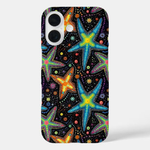 Modern helder zwart zeesterren patroon iPhone 16 hoesje