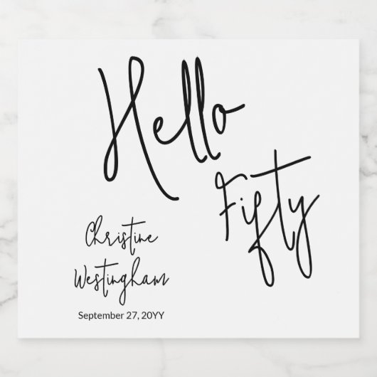 Modern Hello Fifty Name Date 50th Birthday Party Sparkling Wijnetiket (Enkel label)