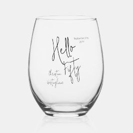 Modern Hello Fifty Name Date 50th Birthday Party Wijnglas Zonder Voet