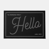 Modern Hello Grey White Script Family Name Deurmat (Voorkant)