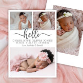 Modern Hello Script Baby Girl Birth Photo Collage Aankondiging