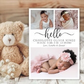 Modern Hello Script Baby Girl Birth Photo Collage Aankondiging