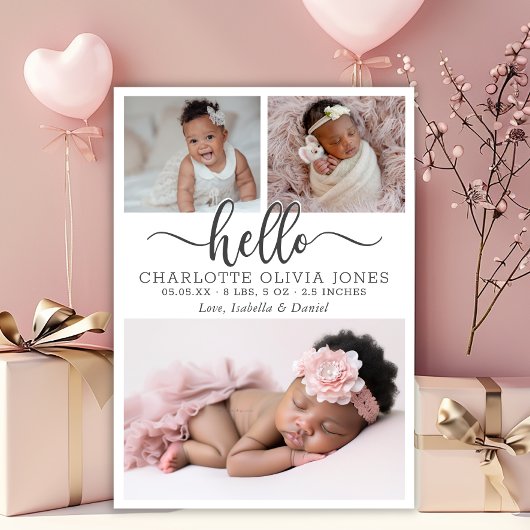 Modern Hello Script Baby Girl Birth Photo Collage Aankondiging