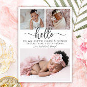 Modern Hello Script Baby Girl Birth Photo Collage Aankondiging