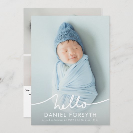Modern Hello Script Newborn Baby Photo Birth Aankondiging (Voorkant / Achterkant)
