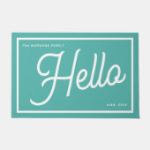 Modern Hello Teal White Script Family Name Deurmat (Voorkant)