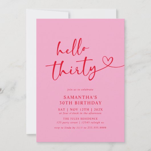 Modern Hello Thirty Pink and Red 30th Birthday Kaart (Voorkant)