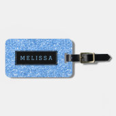 Modern hemelsblauw glitter textuur monogram bagagelabel (Voorkant horizontaal)