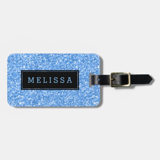 Modern hemelsblauw glitter textuur monogram bagagelabel (Voorkant horizontaal)