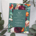 Modern Herfst Bloemen Blauwgroen 60ste Verjaardag  Kaart<br><div class="desc">Een moderne herfst bloemige verjaardagsfeestuitnodiging in een rijk juweelkleurig kleurenpalet van blauwgroen, bordeauxrood, russet sinaasappel en blush roze creëer een mooie bloemige rand rond jouw tekst. Deze kleuren worden vaak gebruikt vanaf de late zomer tot in de herfst en tijdens de wintermaanden. Een dun handgeschreven script type gezicht spelt het...</div>