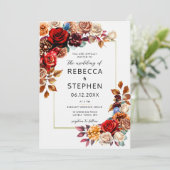 Modern Herfst Boeket Rode Rozen Bloemen Lijst Brui Kaart (Staand voorkant)