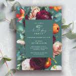 Modern Herfst Floral Blauwgroen 40ste verjaardagsf Kaart<br><div class="desc">Een moderne herfst bloemige verjaardagsfeestuitnodiging in een rijk kleurenpalet in juweeltinten van blauwgroen, bordeauxrood, russet sinaasappel en blush roze creëer een mooie bloemige rand rond jouw tekst. Deze kleuren worden vaak gebruikt vanaf de late zomer tot in de herfst en tijdens de wintermaanden. Een dun handgeschreven script type gezicht spelt...</div>