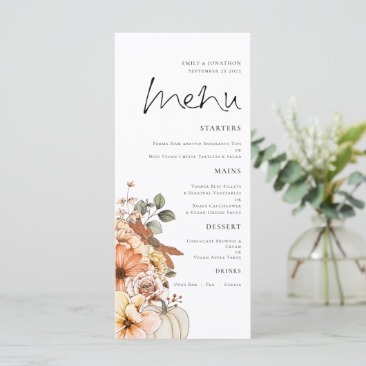 Modern herfst Floral Pumpkin Foliage Wedding Menu (Staand voorkant)