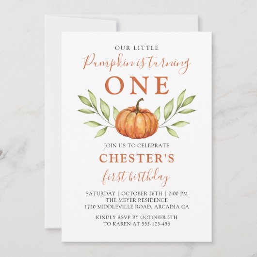 Modern herfst Little Pumpkin First Birthday Kaart (Voorkant)