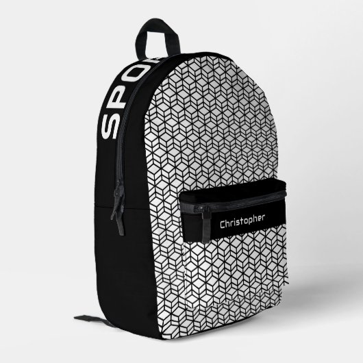 Modern Herhaal Patroon Zwart Wit Bedrukte Rugzak (Achterkant Hoek Links)