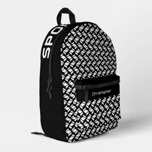 Modern Herhaal Patroon Zwart Wit Bedrukte Rugzak (Achterkant Hoek Links)