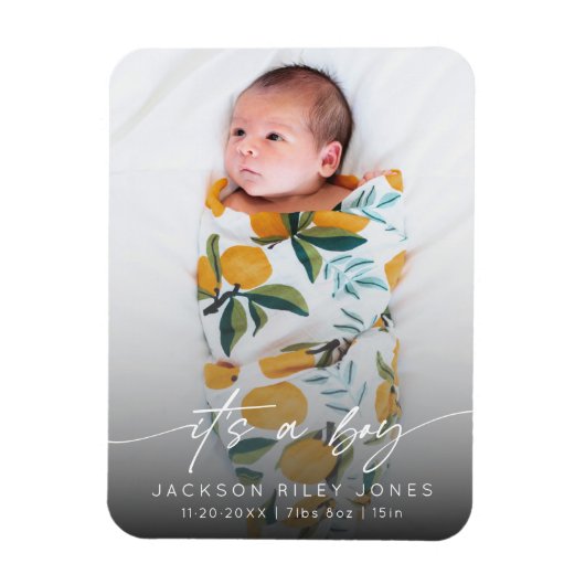 Modern Het is een Boy Baby Newborn Photo Script Magneet (Verticaal)