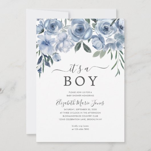 Modern Het is een Boy Dusty Blue Floral Baby showe Kaart (Voorkant)