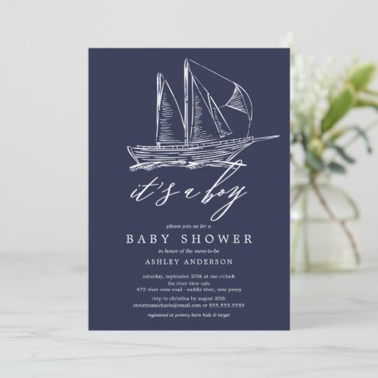 Modern Het is een Boy Sailboat Baby shower Kaart (Staand voorkant)